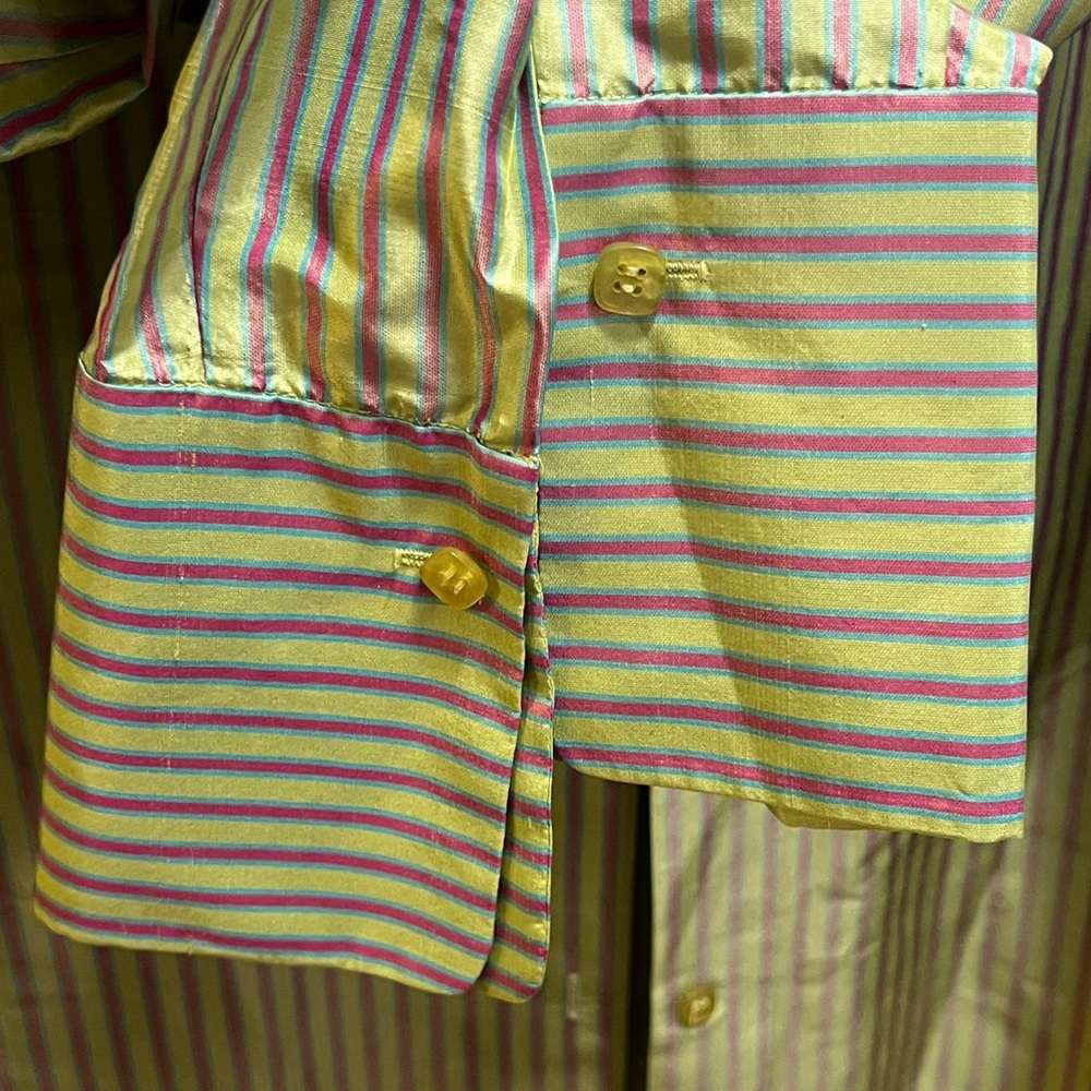Silk Olive Pink and Teal Striped  Button Down Shirt - Picture 7 of 11